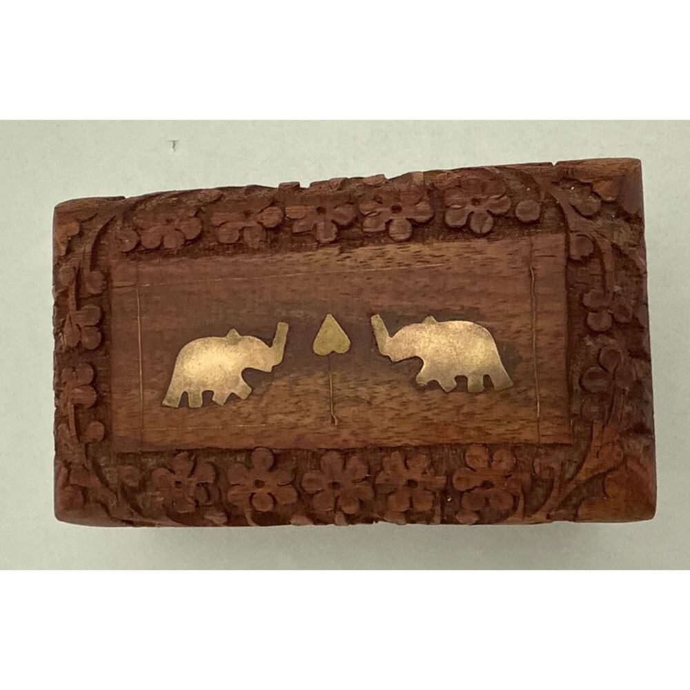 Vintage Teak Trinket Box Intricate Floral Carving with Brass Elephant Inlay